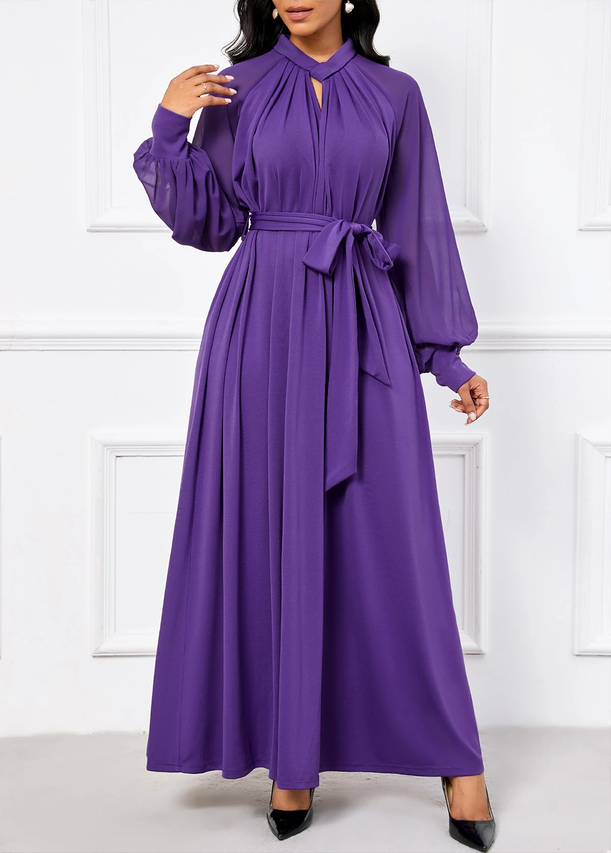 Purple Criss Cross Belted Long Sleeve Maxi Dress - Image 4