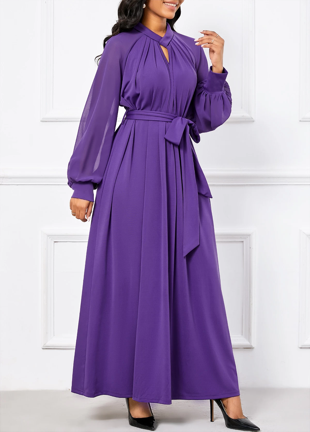 Purple Criss Cross Belted Long Sleeve Maxi Dress - Image 3