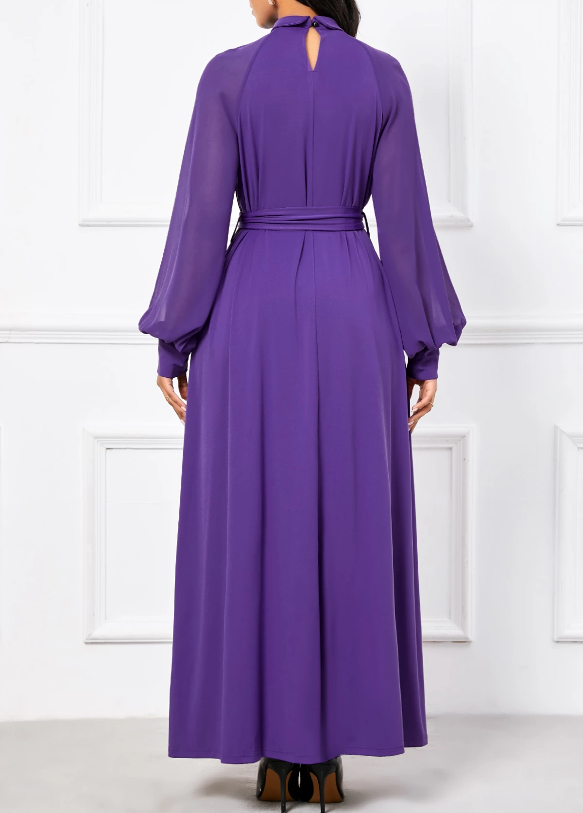 Purple Criss Cross Belted Long Sleeve Maxi Dress - Image 2