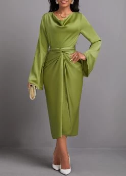 Avocado Green Two Piece Long Sleeve Top And Bodycon Skirt