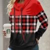 Red Patchwork Plaid Long Sleeve Cowl Neck Sweatshirt