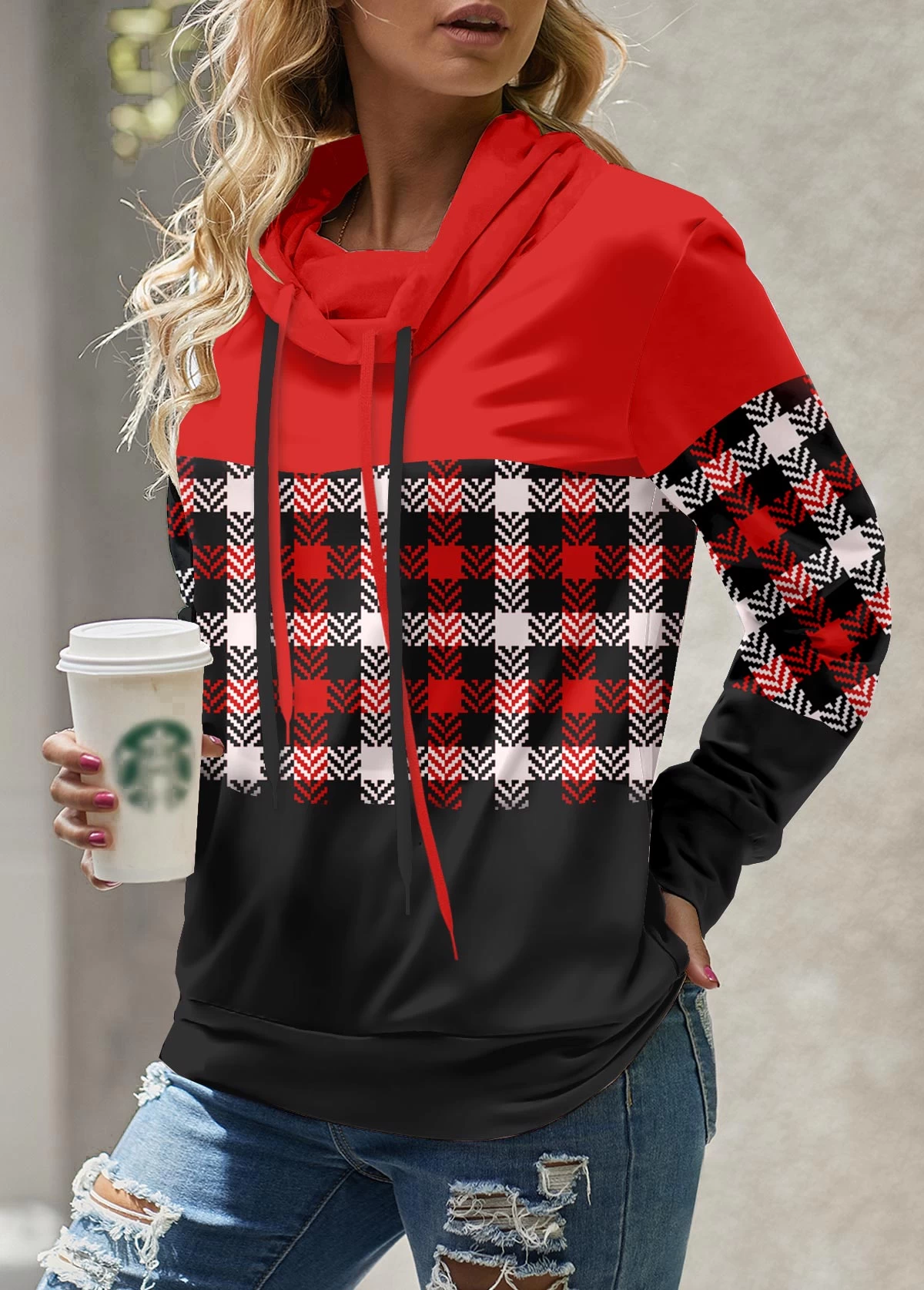 Red Patchwork Plaid Long Sleeve Cowl Neck Sweatshirt