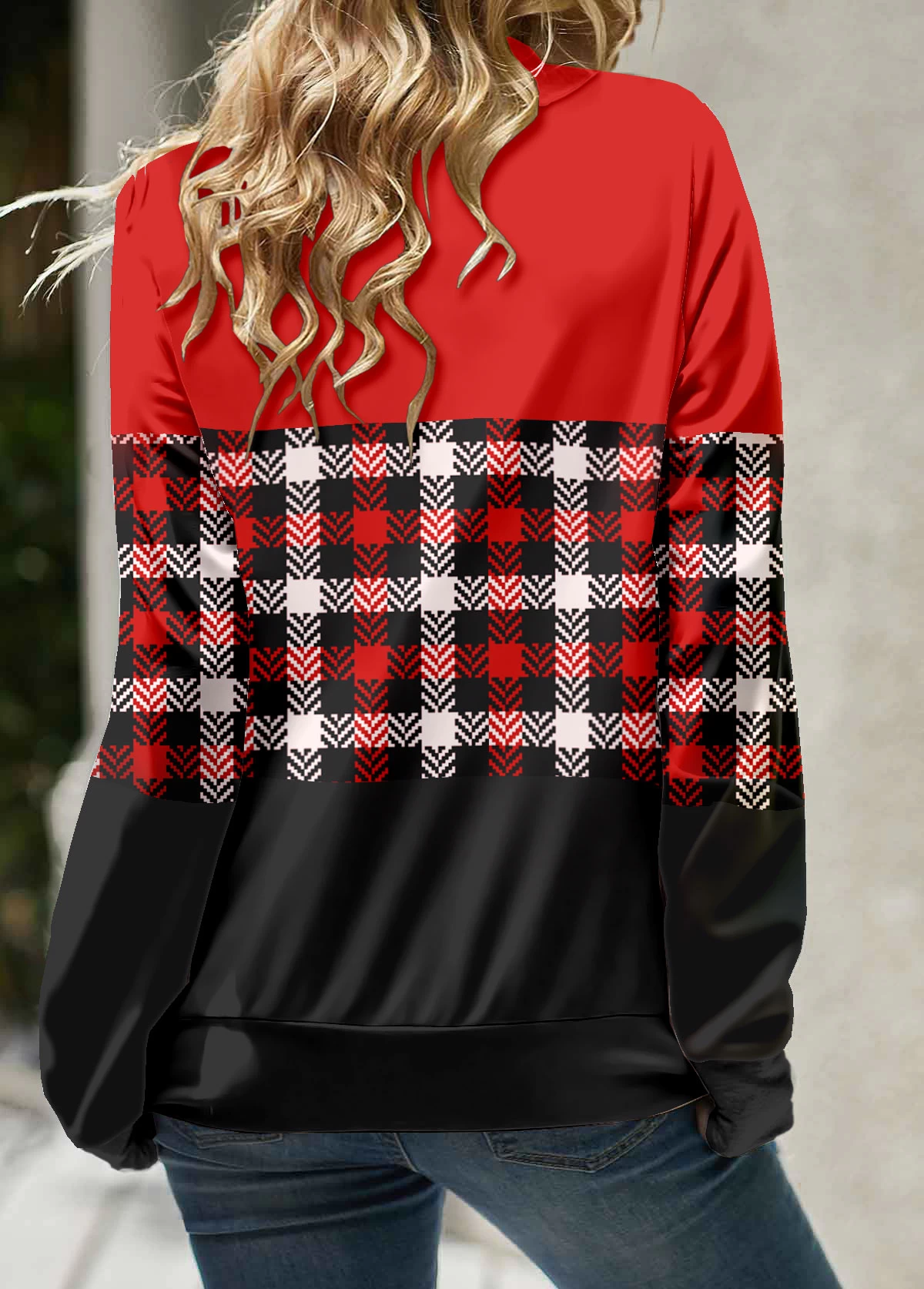 Red Patchwork Plaid Long Sleeve Cowl Neck Sweatshirt - Image 2