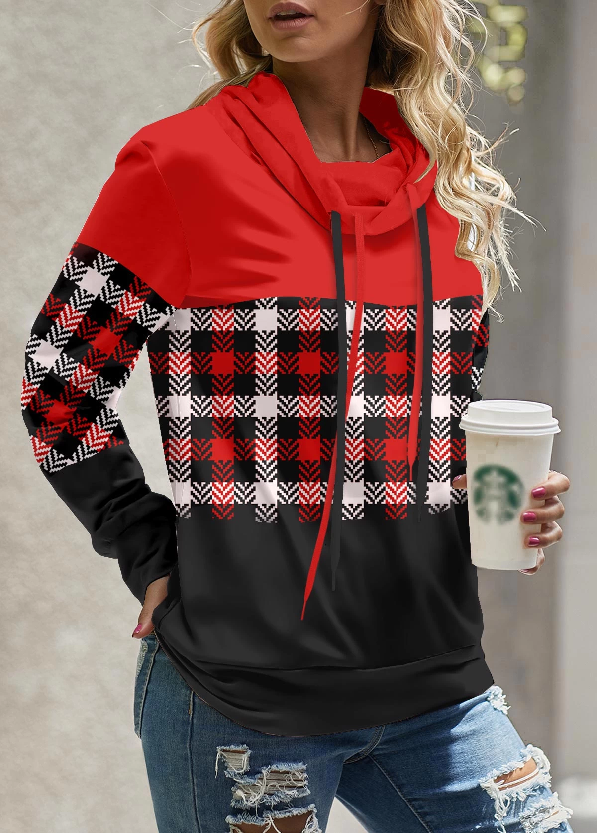 Red Patchwork Plaid Long Sleeve Cowl Neck Sweatshirt - Image 3