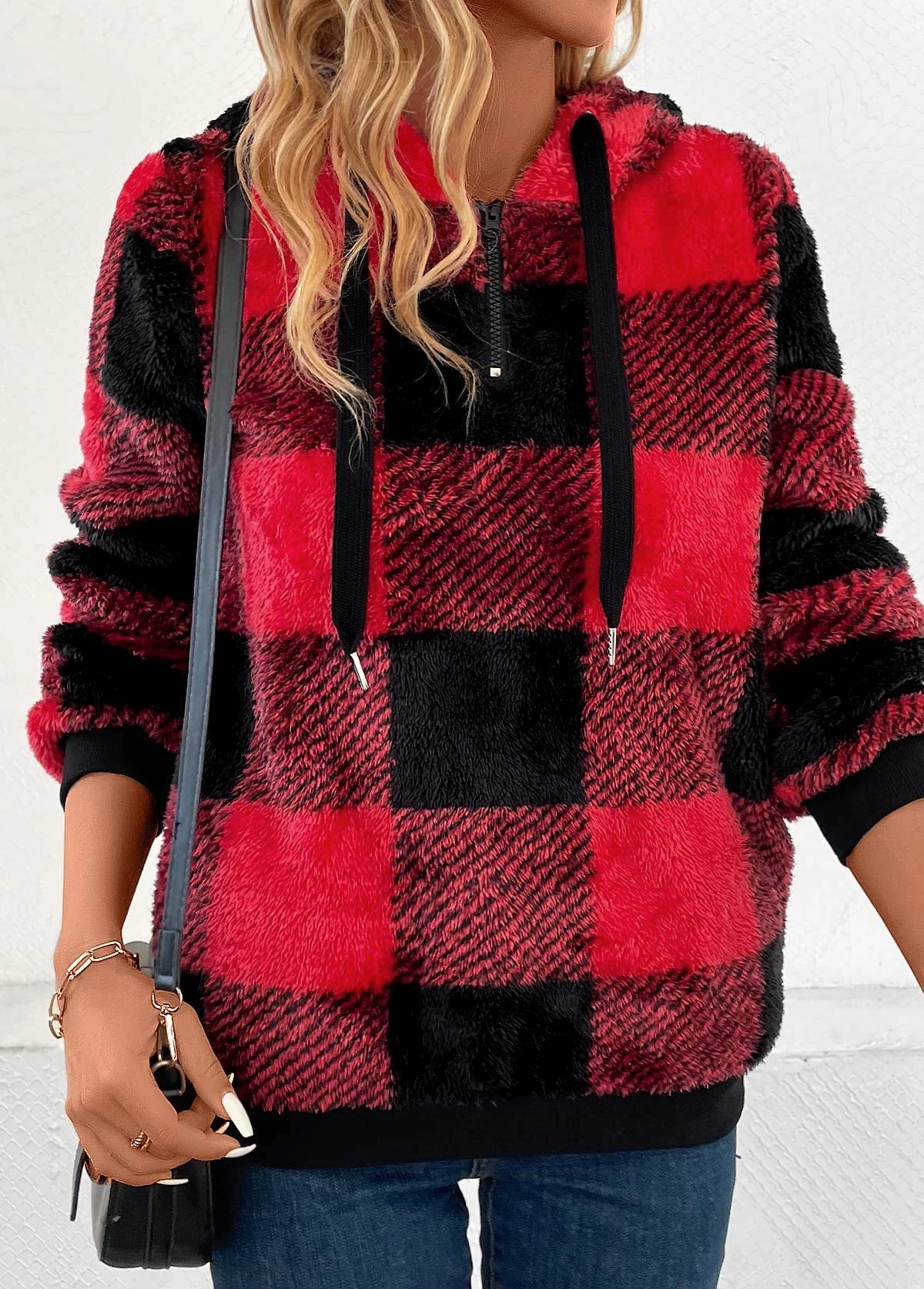 Red Pocket Plaid Long Sleeve Hooded Sweatshirt - Image 5
