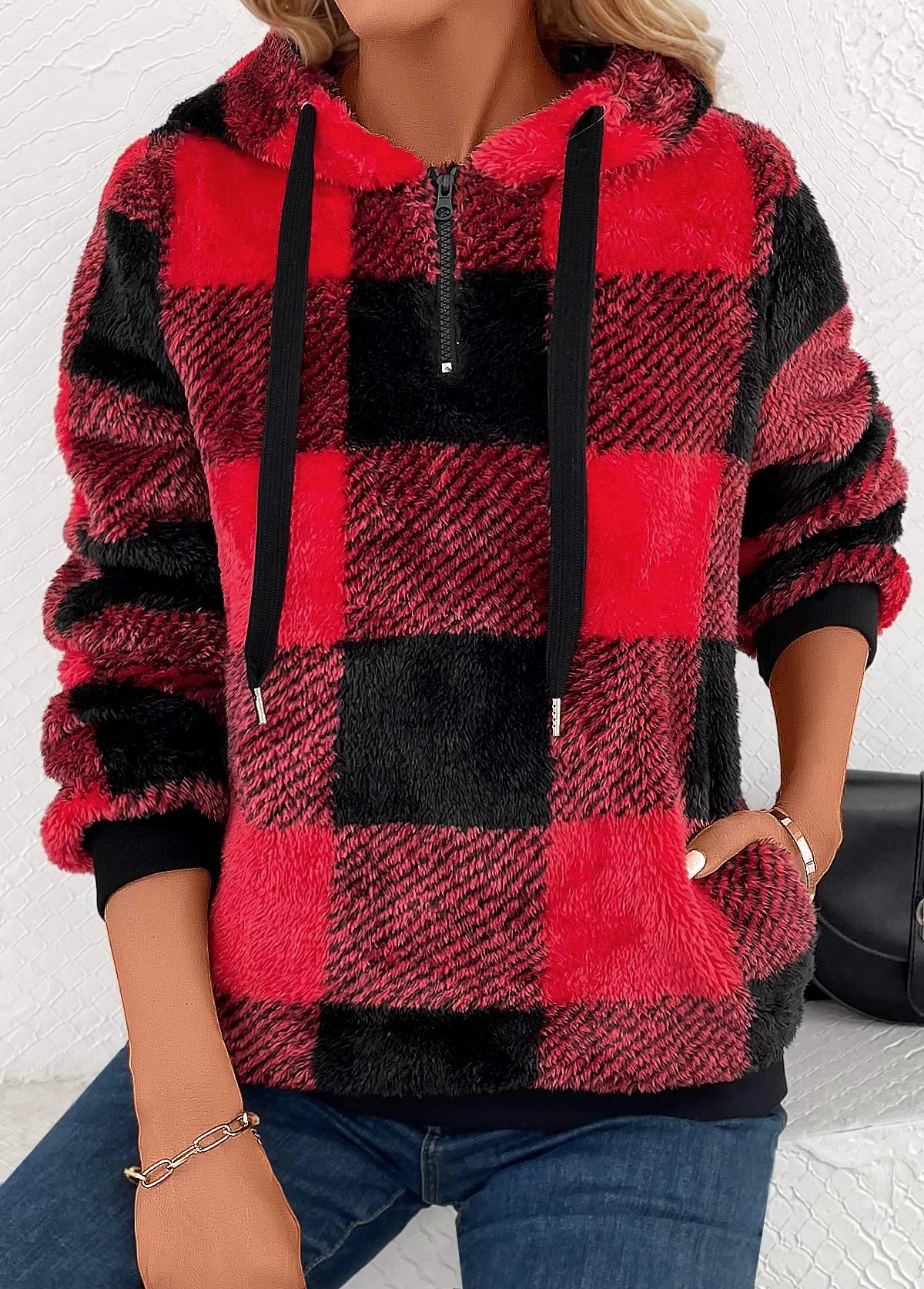Red Pocket Plaid Long Sleeve Hooded Sweatshirt - Image 3