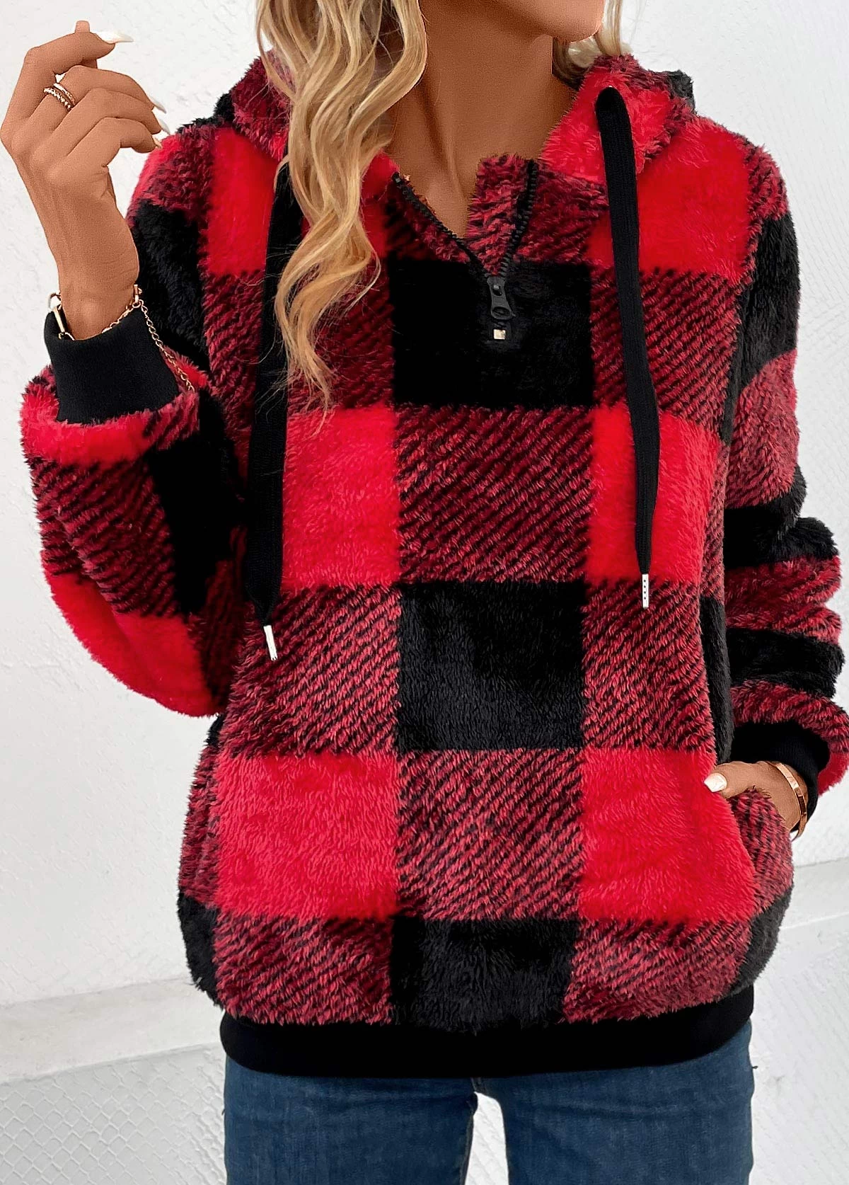 Red Pocket Plaid Long Sleeve Hooded Sweatshirt - Image 4