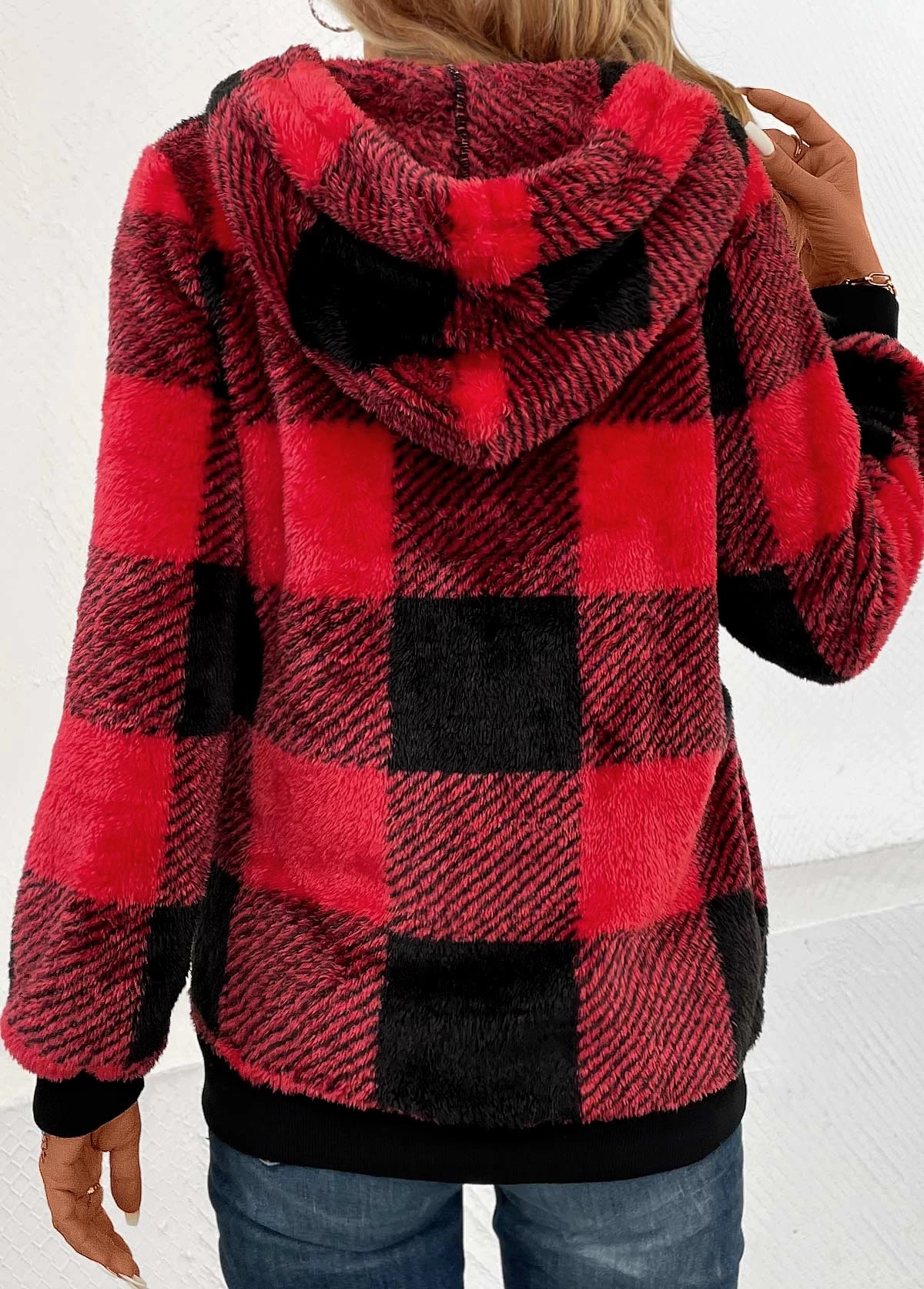 Red Pocket Plaid Long Sleeve Hooded Sweatshirt - Image 2