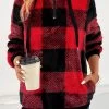 Red Pocket Plaid Long Sleeve Hooded Sweatshirt