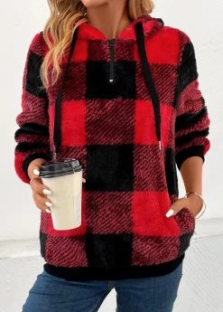 Red Pocket Plaid Long Sleeve Hooded Sweatshirt