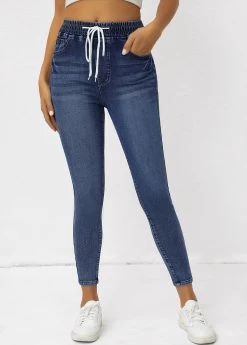 Denim Blue Pocket Skinny Drawastring High Waisted Jeans