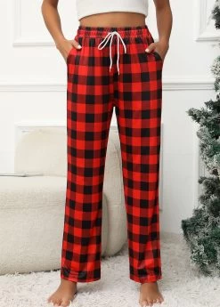Red Pocket Plaid Drawastring High Waisted Pants