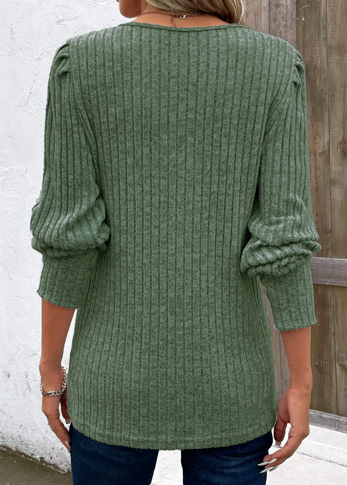 Green Patchwork Long Sleeve V Neck T Shirt - Image 2