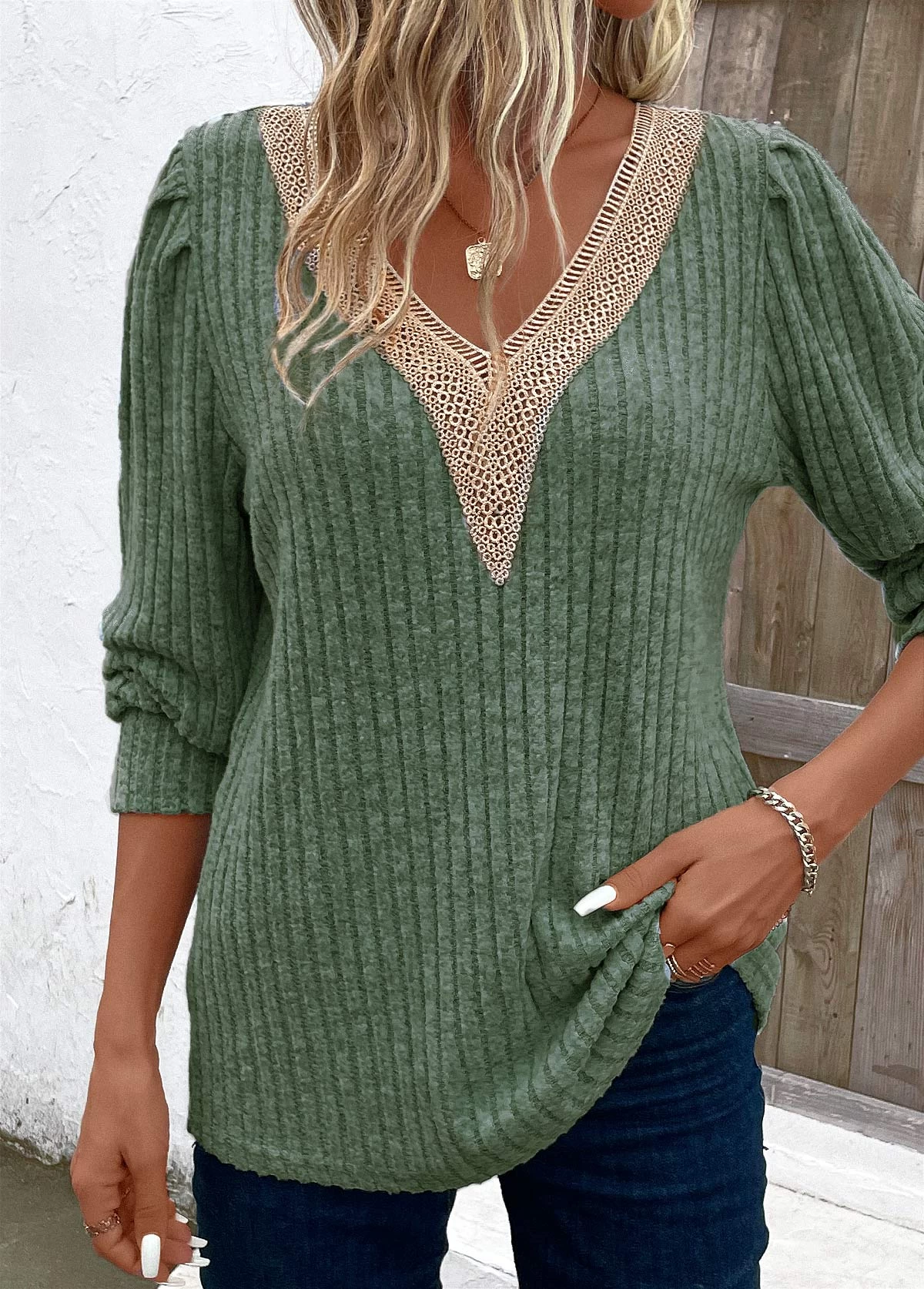 Green Patchwork Long Sleeve V Neck T Shirt