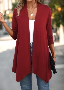 Wine Red Asymmetry Long Sleeve Cardigan