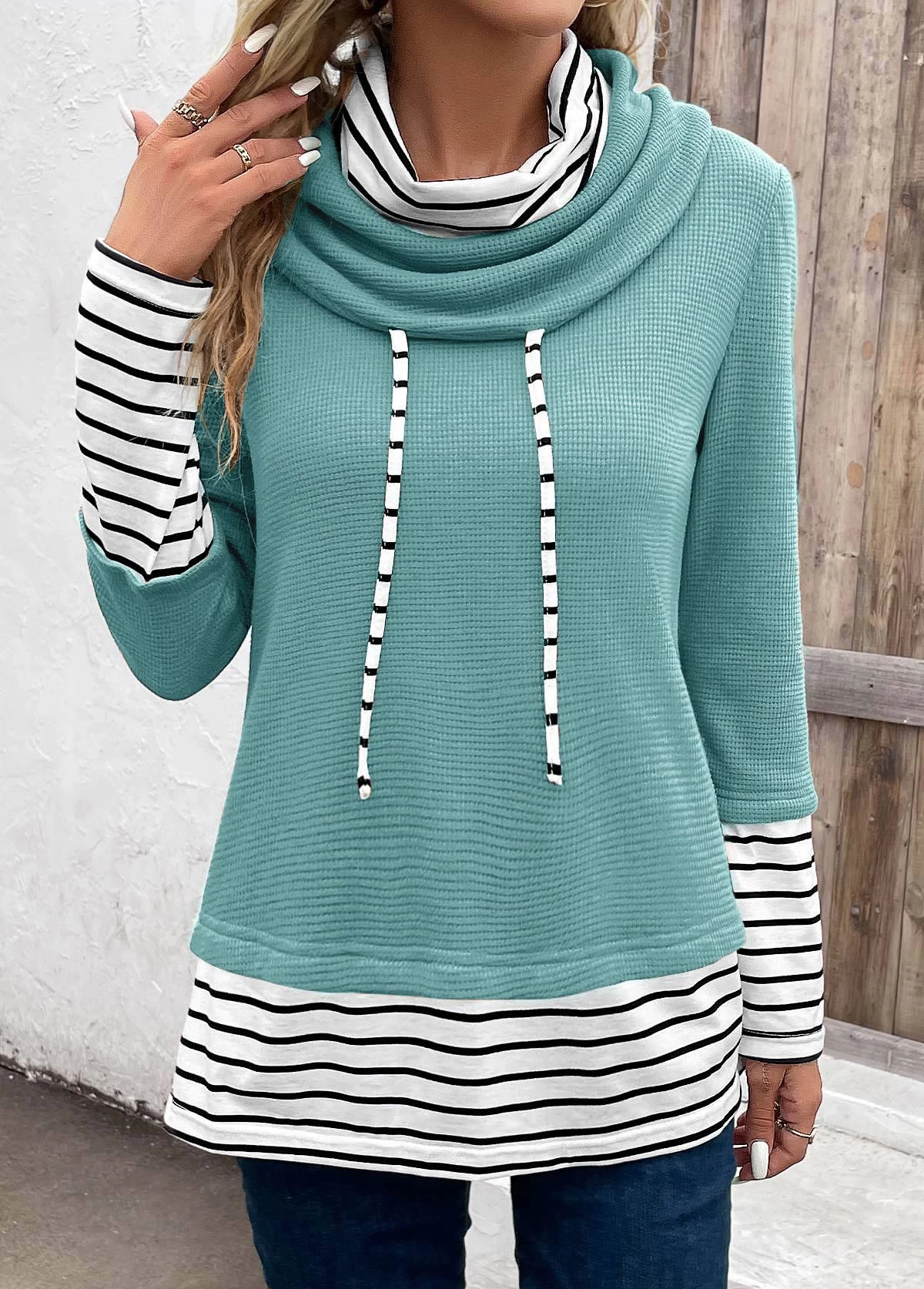 Mint Green Patchwork Striped Long Sleeve Cowl Neck Sweatshirt - Image 4