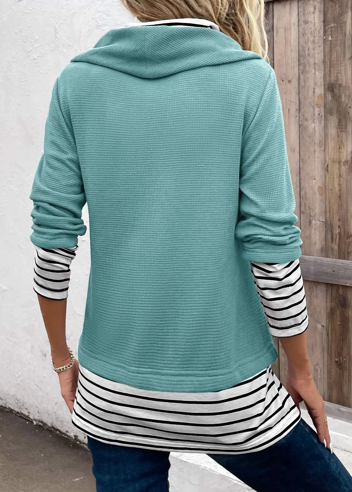 Mint Green Patchwork Striped Long Sleeve Cowl Neck Sweatshirt - Image 2