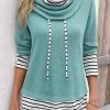 Mint Green Patchwork Striped Long Sleeve Cowl Neck Sweatshirt