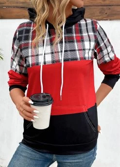 Red Patchwork Plaid Long Sleeve Hoodie