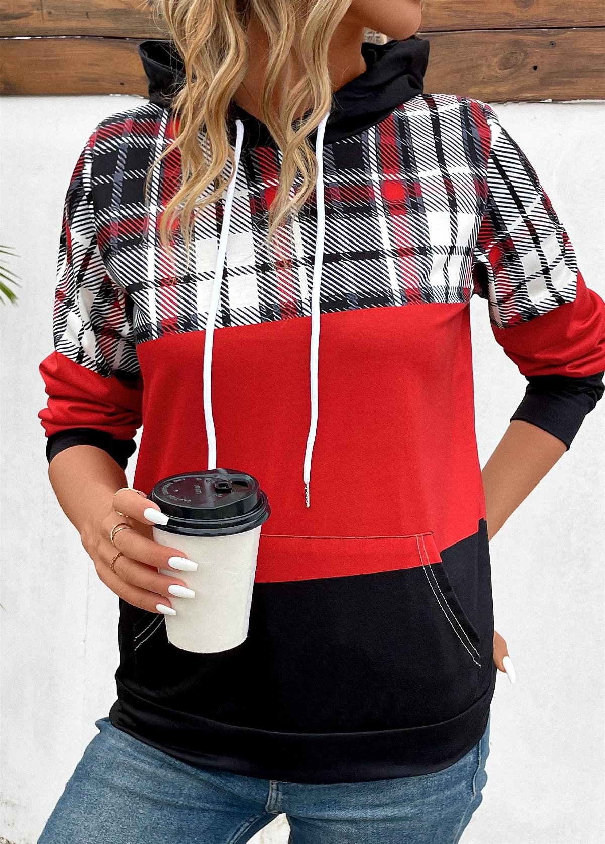 Red Patchwork Plaid Long Sleeve Hoodie