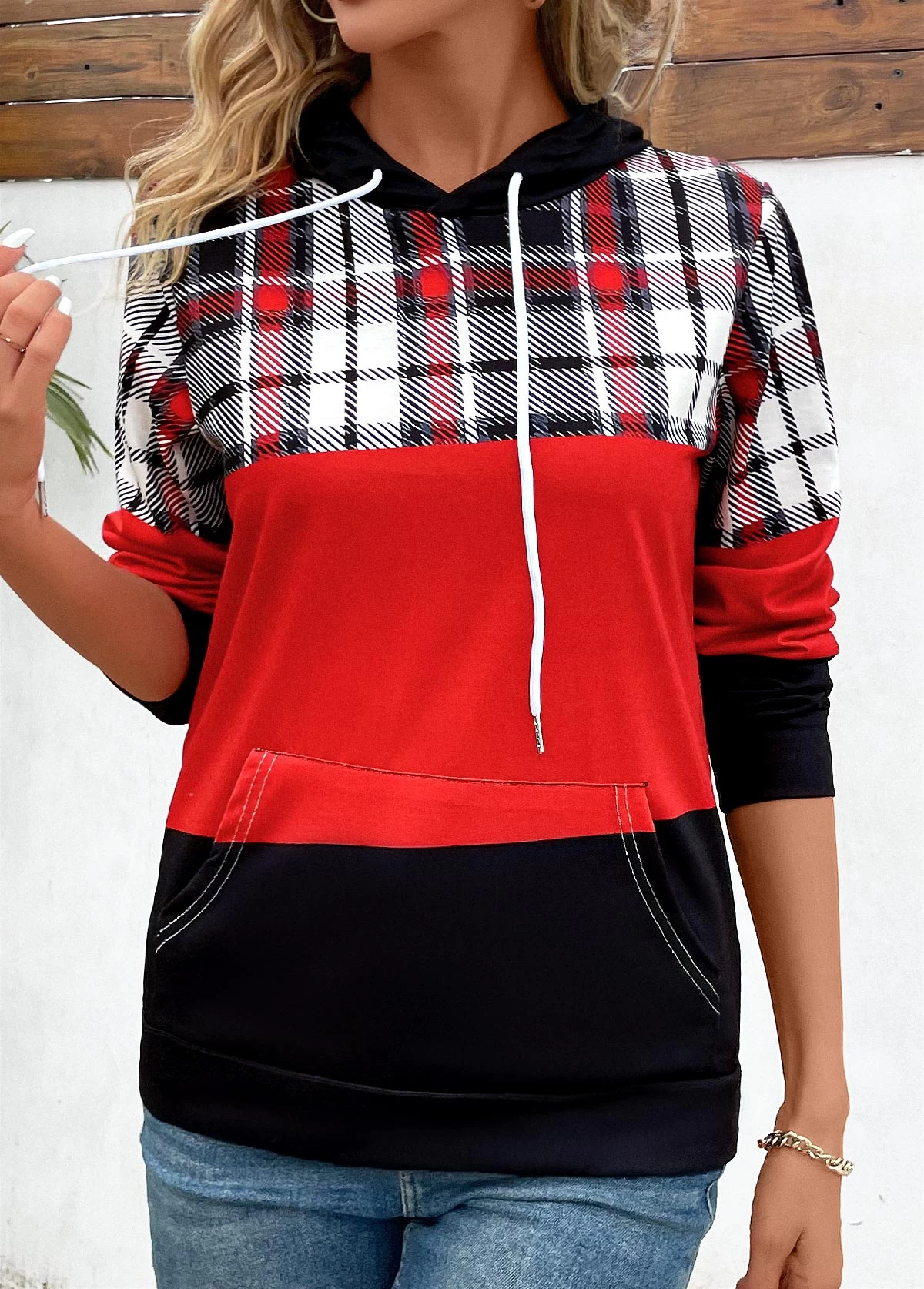 Red Patchwork Plaid Long Sleeve Hoodie - Image 6