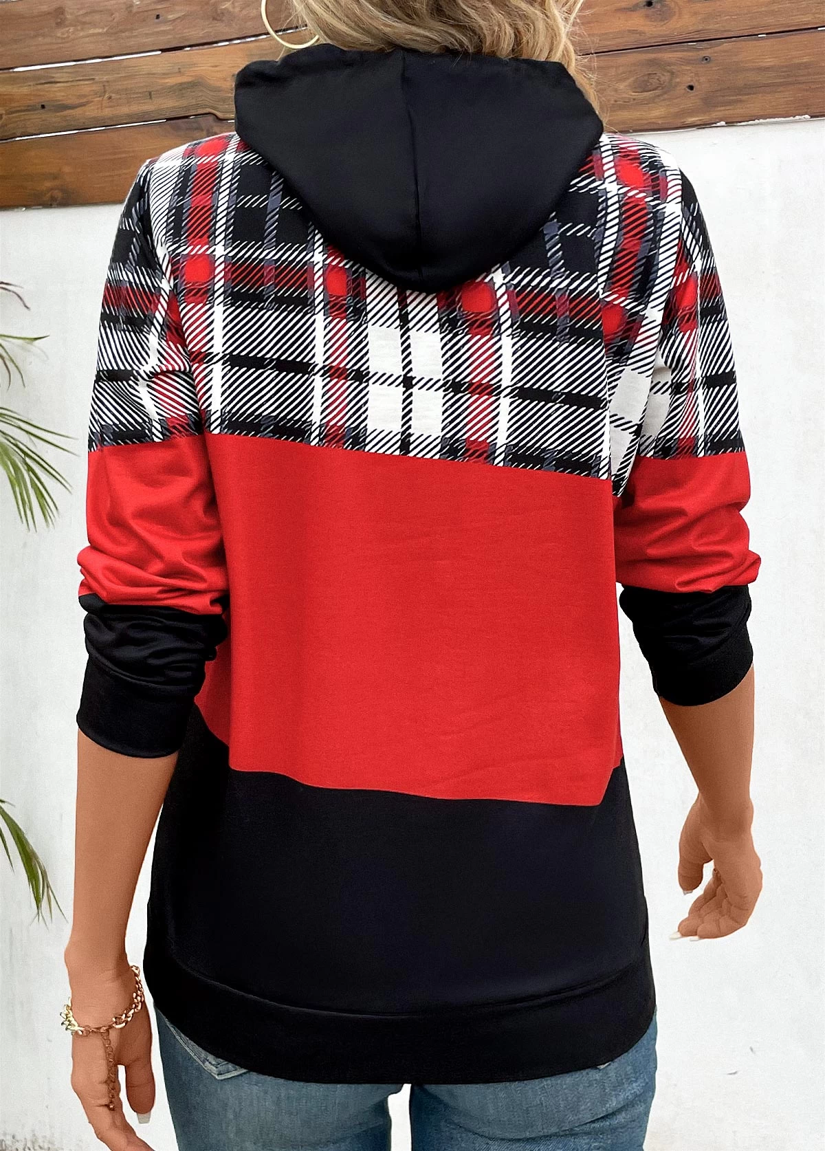 Red Patchwork Plaid Long Sleeve Hoodie - Image 2