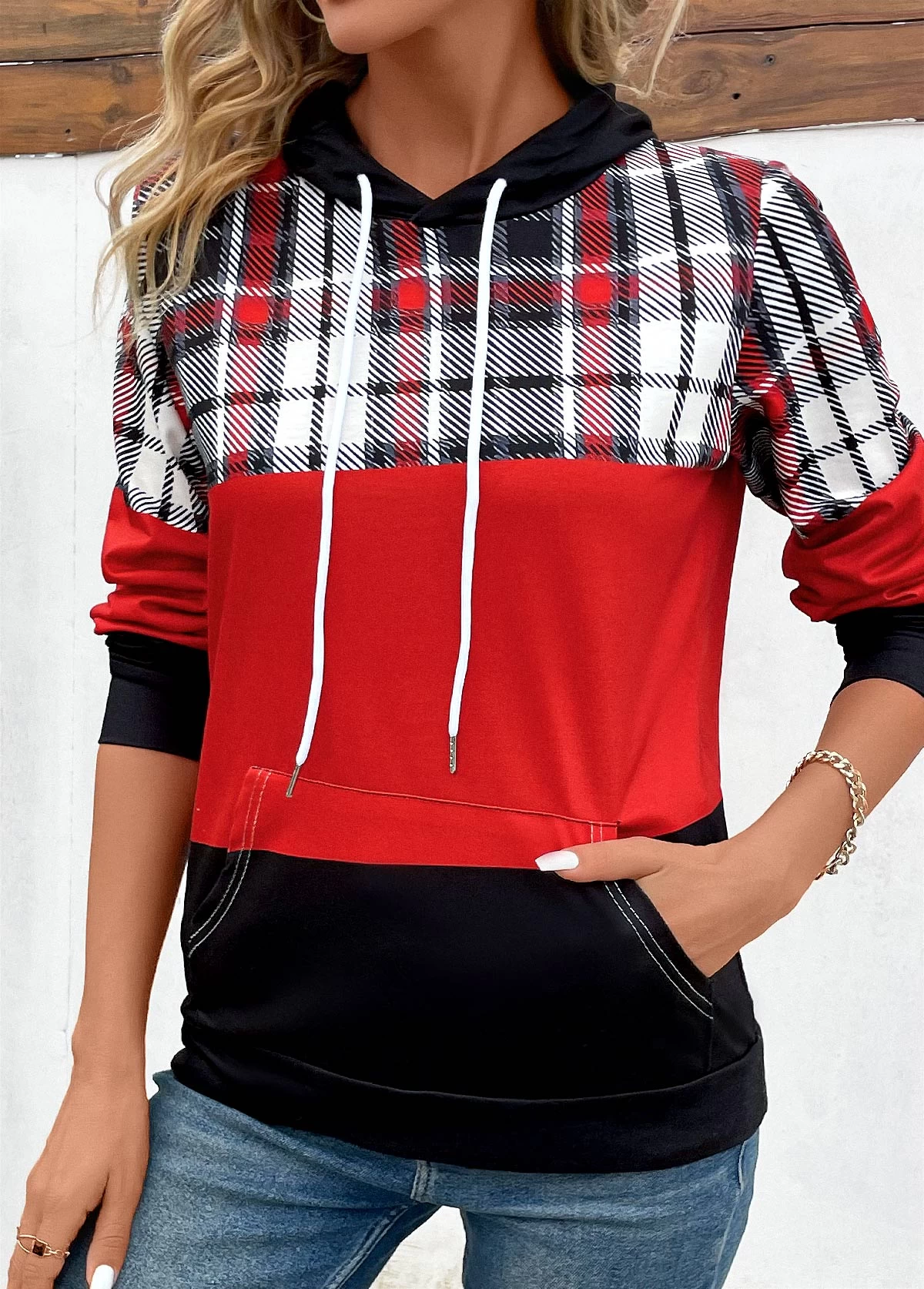 Red Patchwork Plaid Long Sleeve Hoodie - Image 3