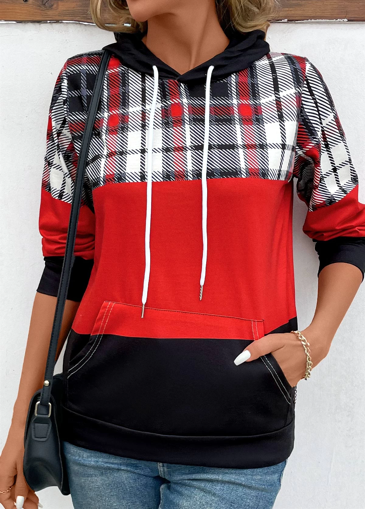 Red Patchwork Plaid Long Sleeve Hoodie - Image 5