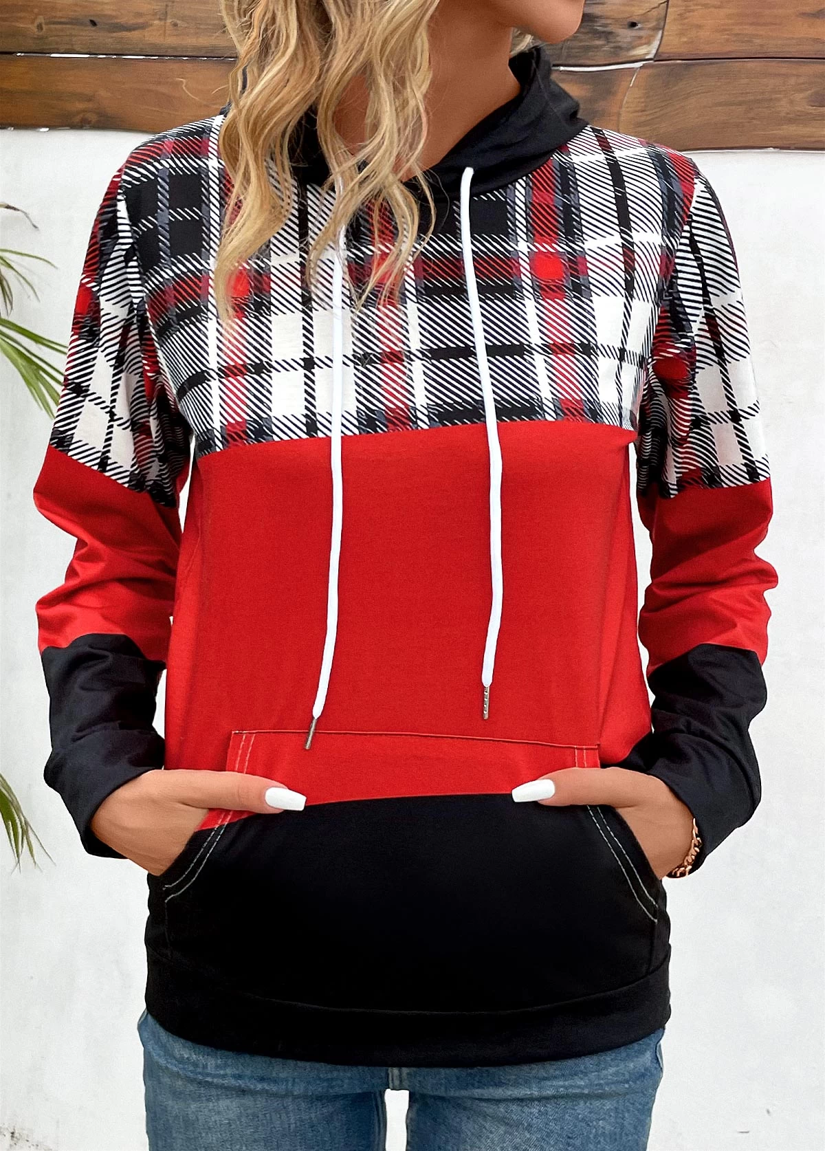 Red Patchwork Plaid Long Sleeve Hoodie - Image 4