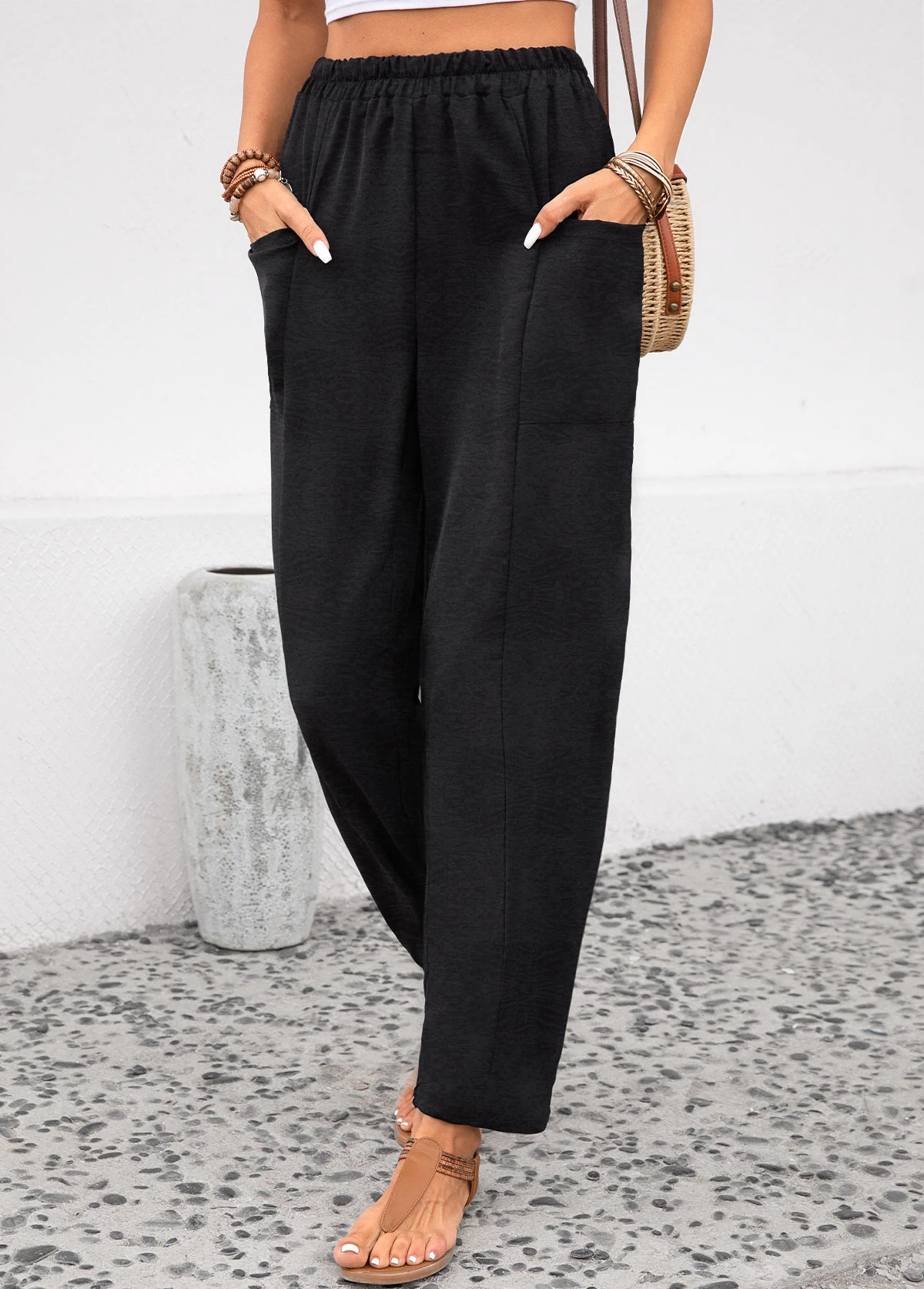 Black Pocket Elastic Waist High Waisted Pants - Image 4