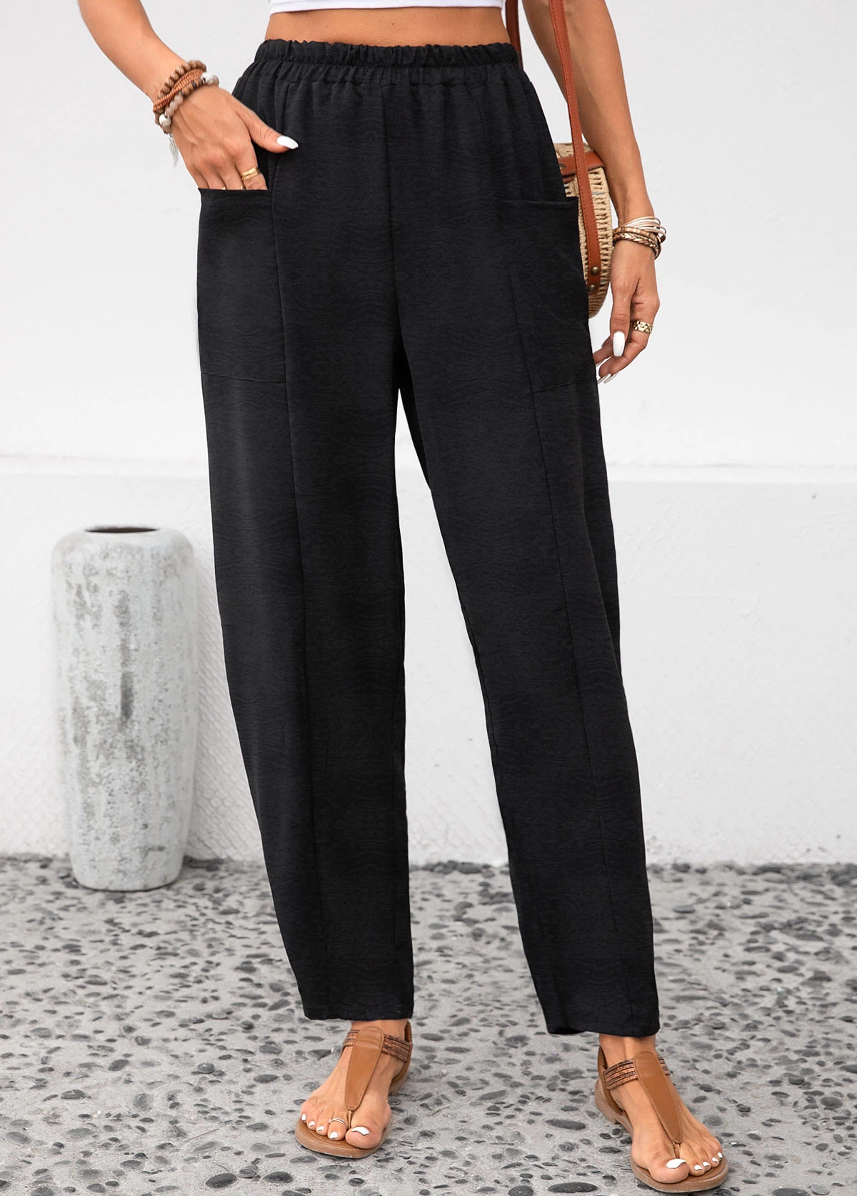 Black Pocket Elastic Waist High Waisted Pants - Image 5