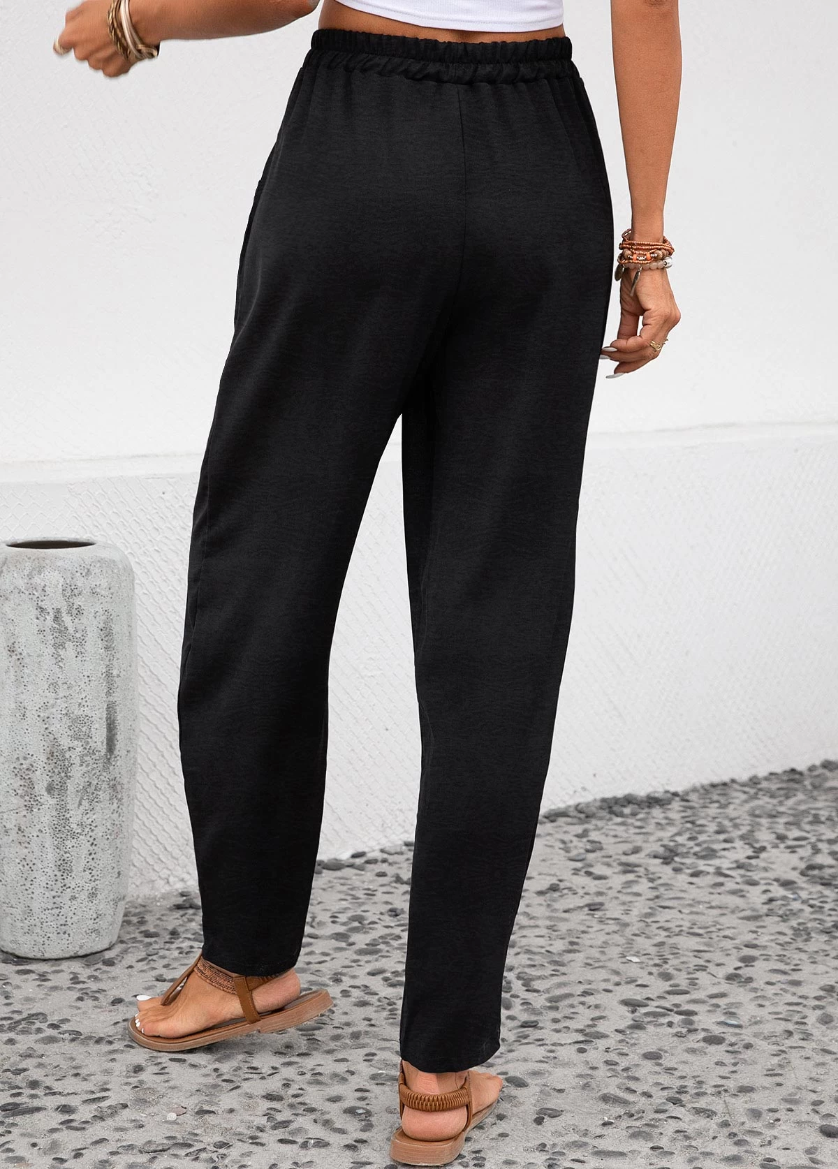 Black Pocket Elastic Waist High Waisted Pants - Image 2