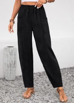 Black Pocket Elastic Waist High Waisted Pants