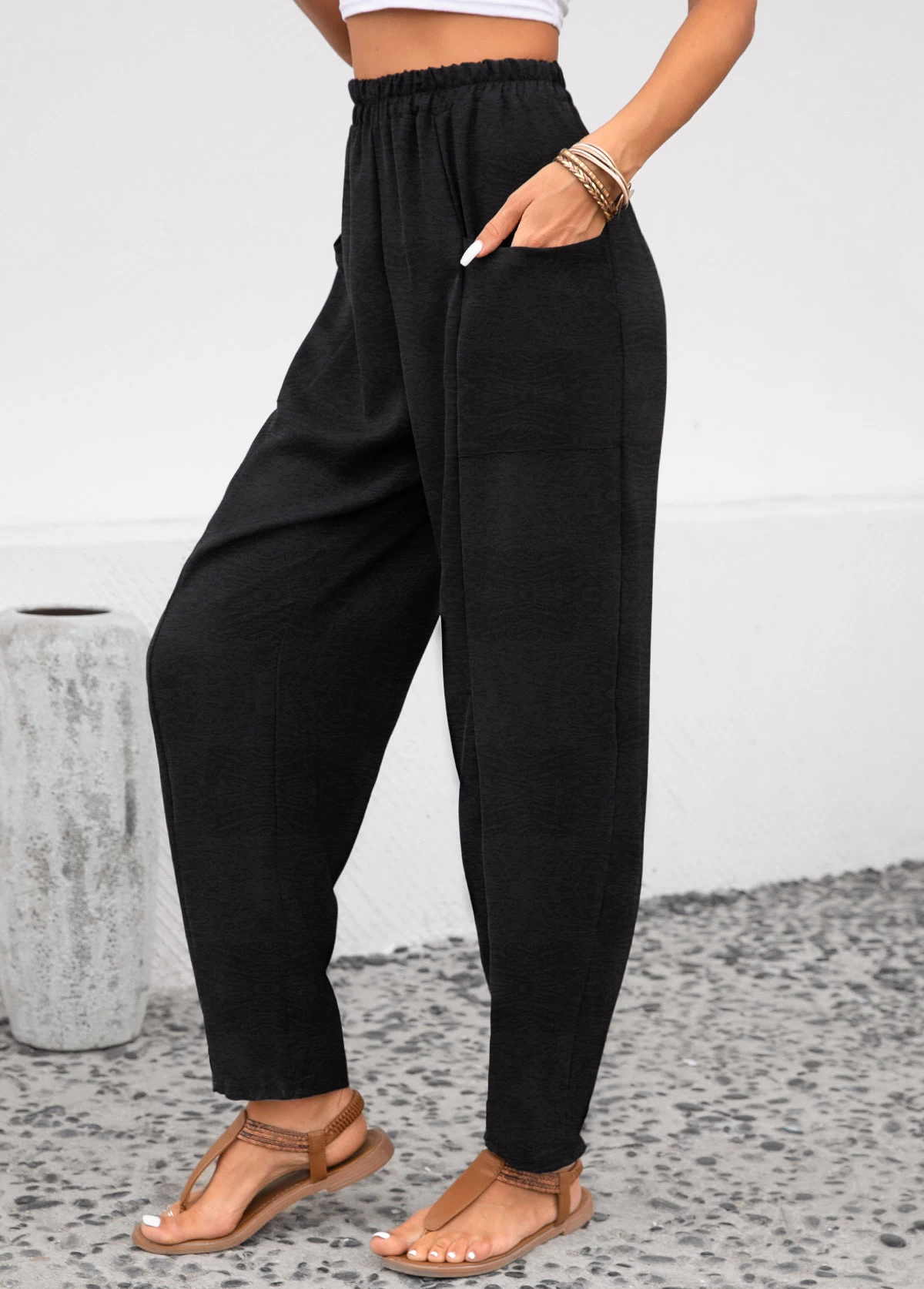 Black Pocket Elastic Waist High Waisted Pants - Image 3