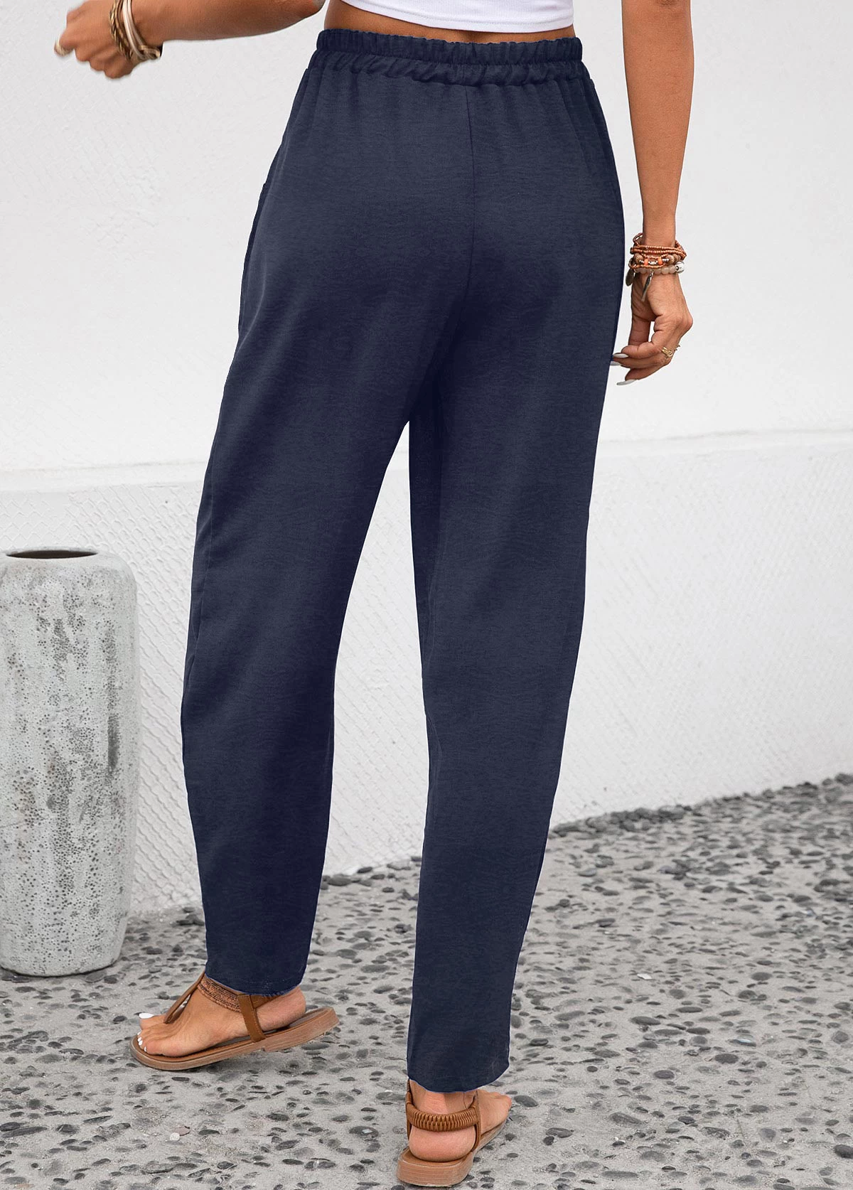 Navy Pocket Elastic Waist High Waisted Pants - Image 2