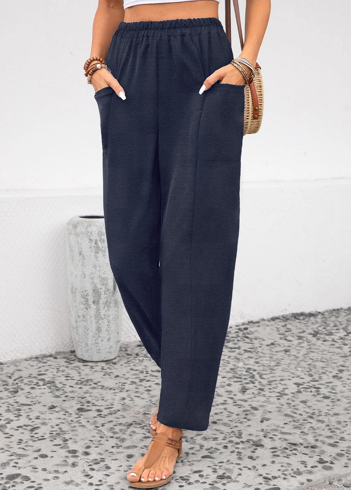 Navy Pocket Elastic Waist High Waisted Pants - Image 3
