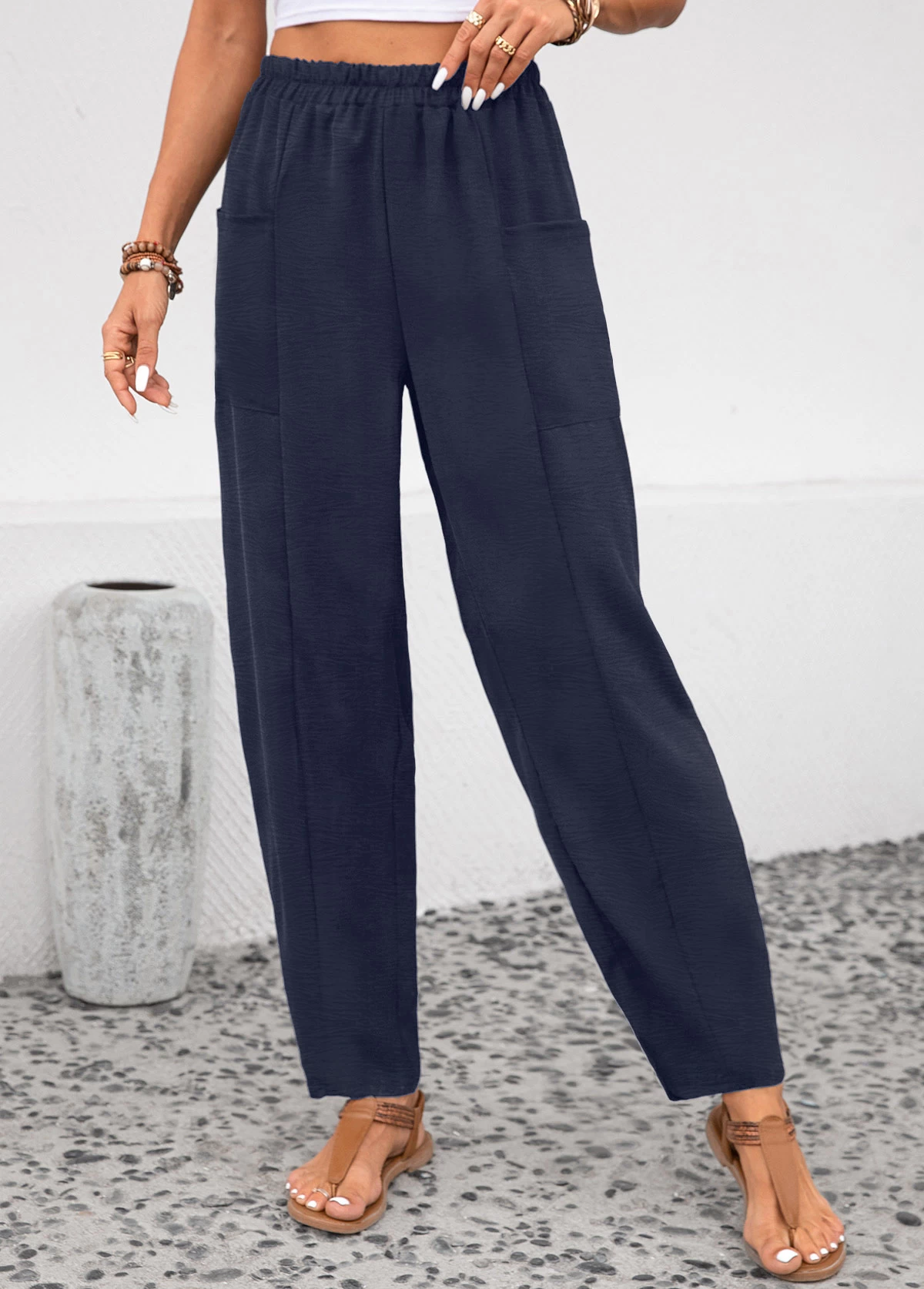 Navy Pocket Elastic Waist High Waisted Pants