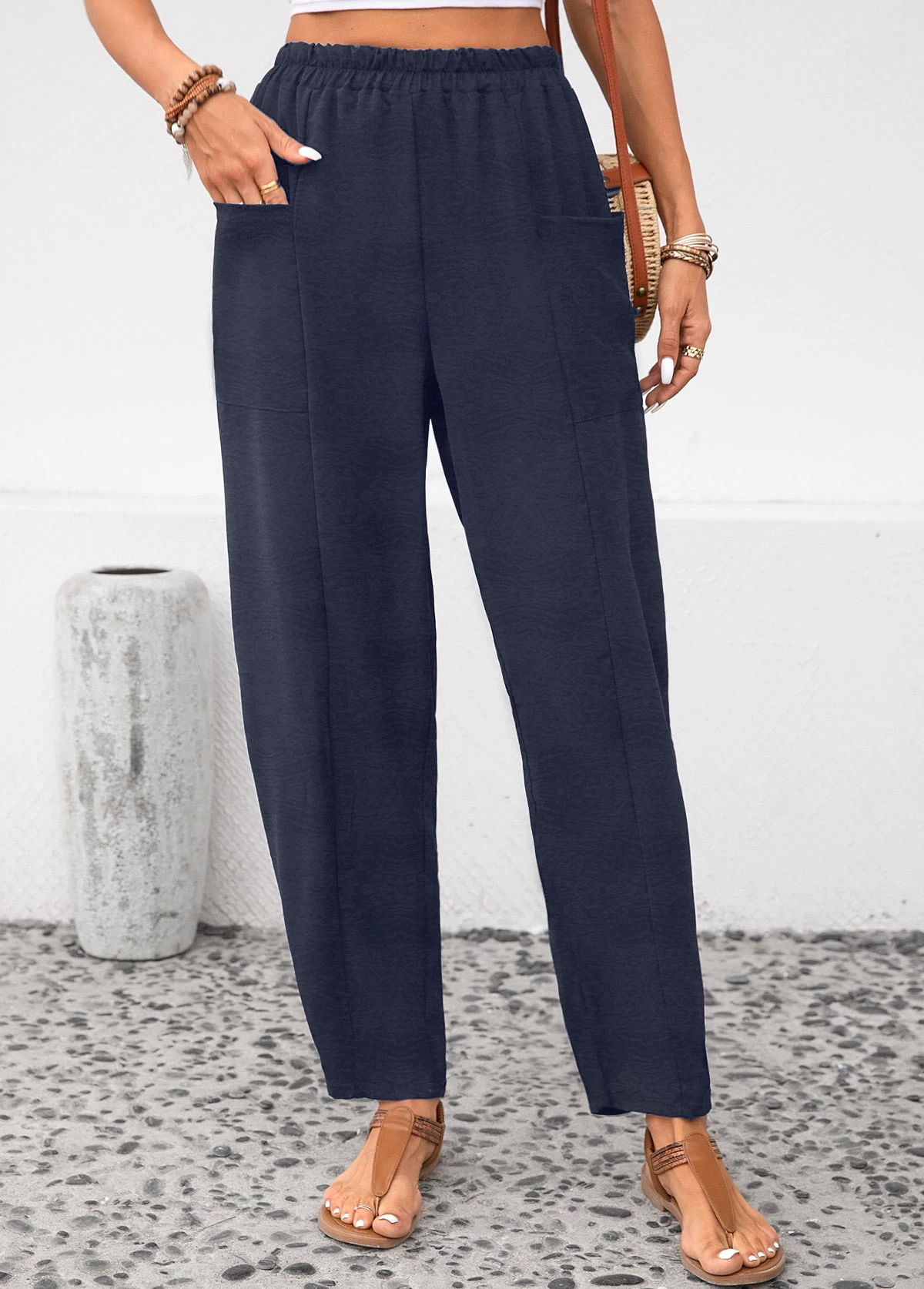 Navy Pocket Elastic Waist High Waisted Pants - Image 5