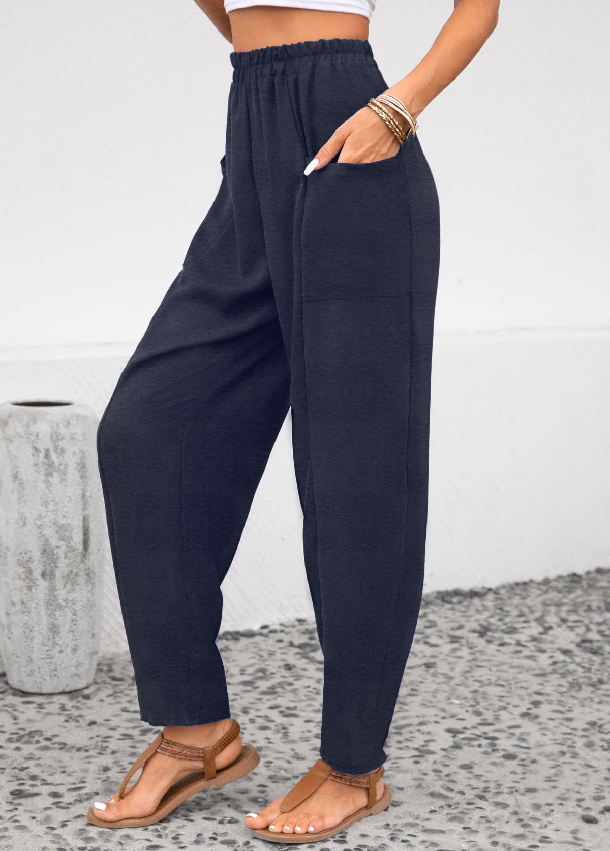 Navy Pocket Elastic Waist High Waisted Pants - Image 4