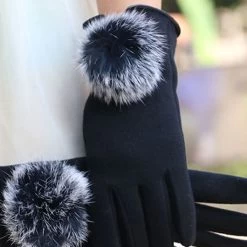 Black Faux Fur Wrist Warming Full Finger Gloves