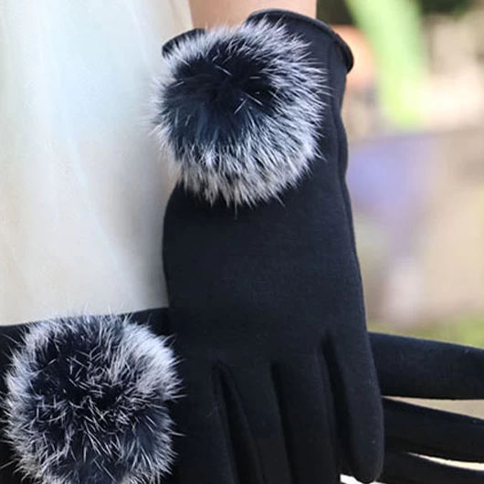 Black Faux Fur Wrist Warming Full Finger Gloves