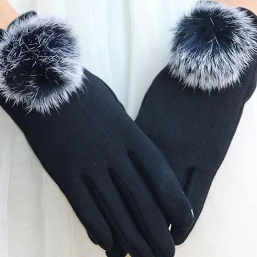 Black Faux Fur Wrist Warming Full Finger Gloves - Image 2