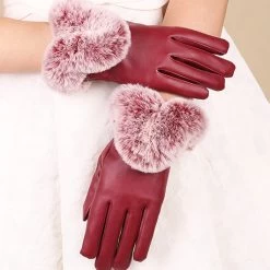 Wine Red Faux Fur Wrist Warming Full Finger Gloves