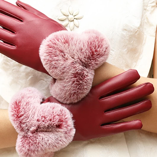 Wine Red Faux Fur Wrist Warming Full Finger Gloves - Image 2