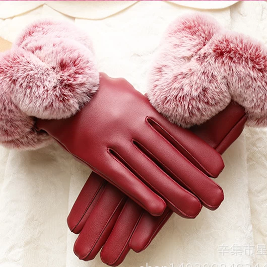 Wine Red Faux Fur Wrist Warming Full Finger Gloves - Image 3