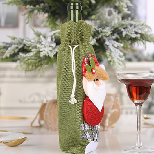 Olive Green Christmas Print Drawstring Wine Cover - Image 2
