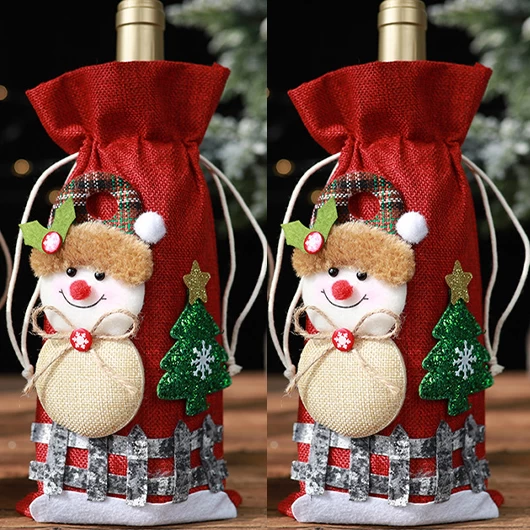 Red Christmas Print Drawstring Wine Cover - Image 2