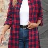 Red Button Plaid Extra Long Sleeve Shirt Collar Blouse