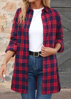 Red Button Plaid Extra Long Sleeve Shirt Collar Blouse