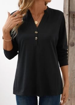 Black Button Long Sleeve Split Neck T Shirt